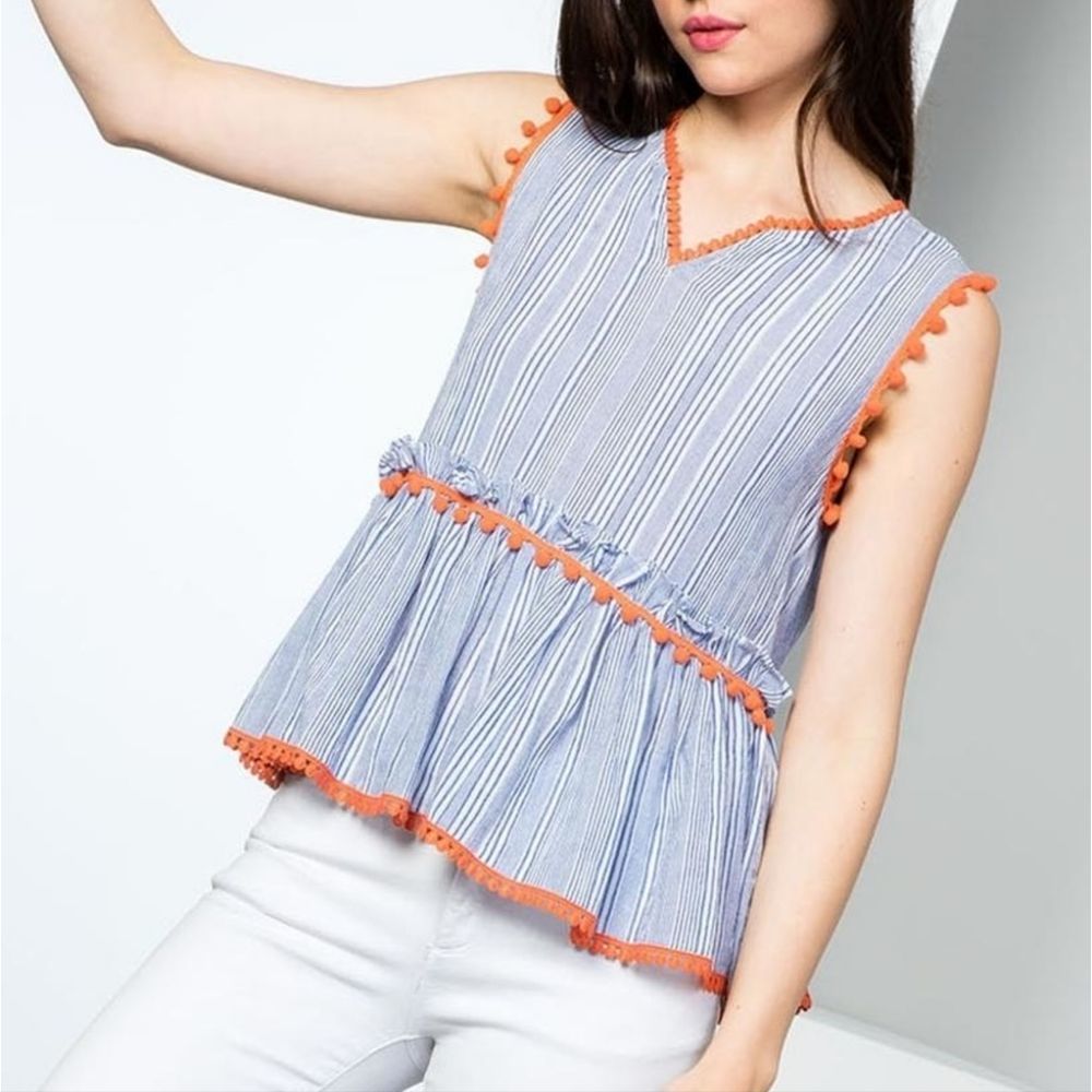 THML Blue White Stripe Pom Pom Peplum Cotton Blouse Size Medium